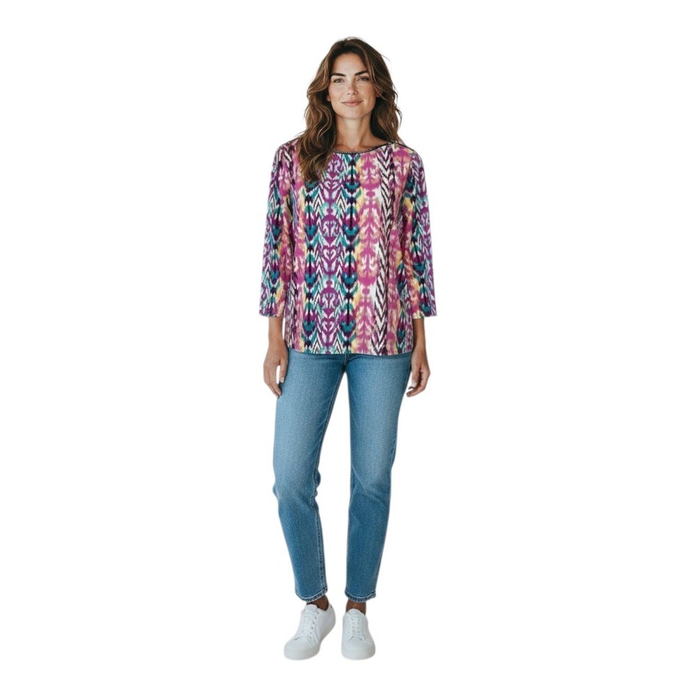 Rafaella Women XL Colorful Ikat Design Cotton Zipper Neck Opening 3/4 Sleeve Top